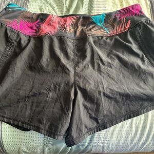 Women's Black Swim Shorts with Tropical Print Waistband